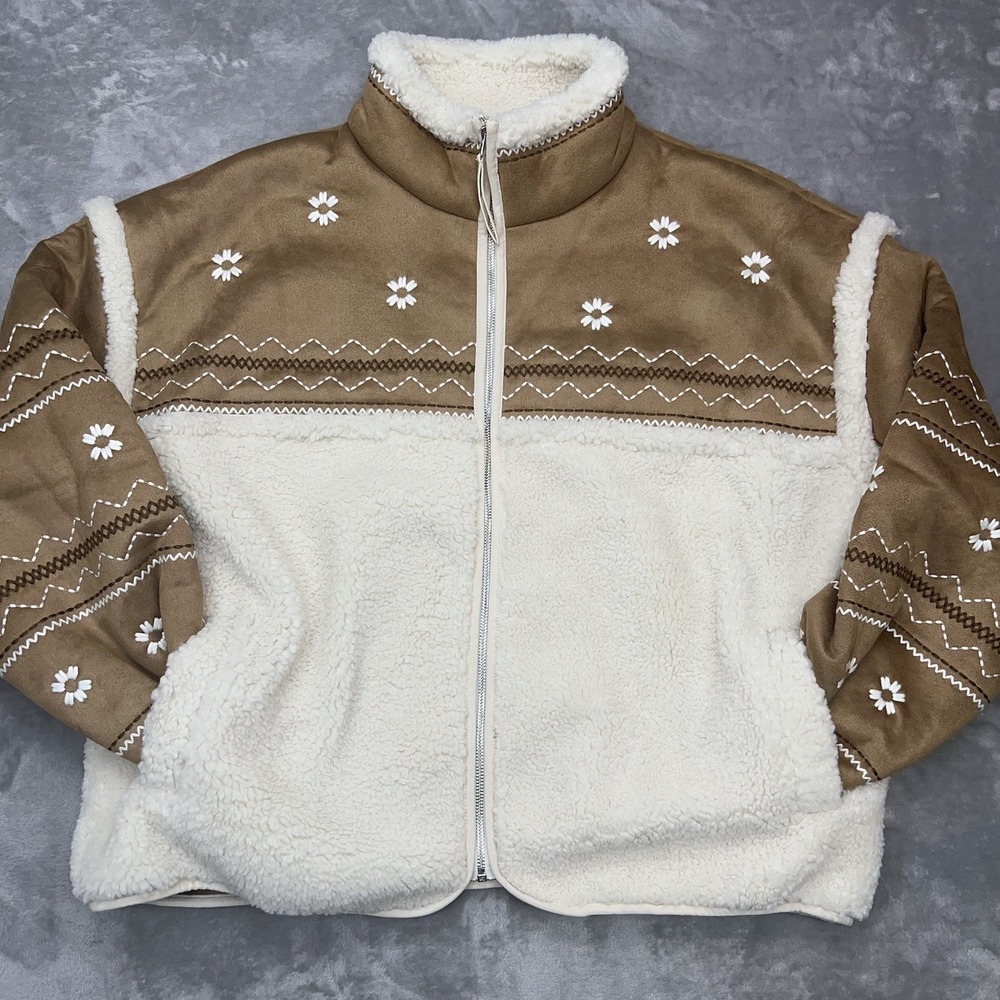 UGG Marlene Jacket Atherson Women XL Zip Up Sherpa Faux Suede Ivory Chestnut NEW